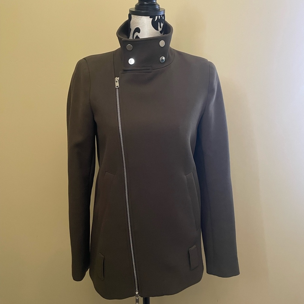 Zara Olive Green Polyester Jacket with Asymmetrical Zip